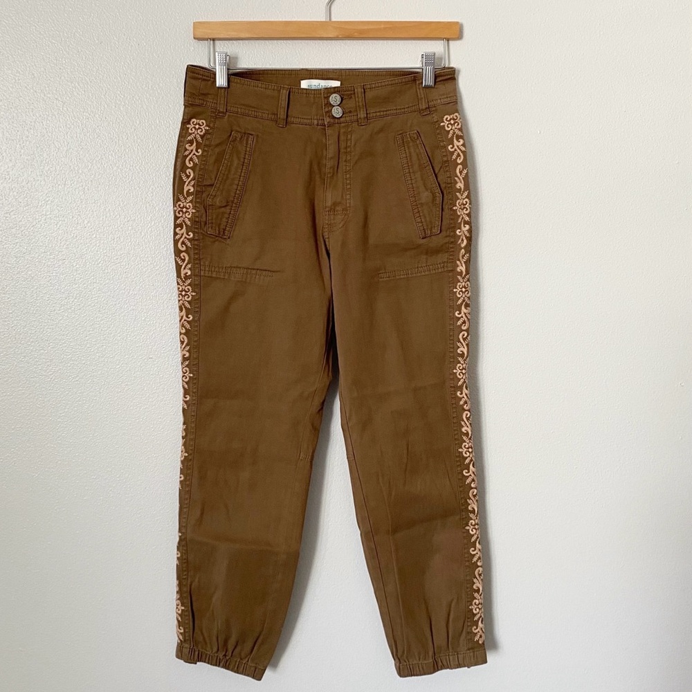 Sundance Olive Cropped Pants with Cream Embroidery - Picture 2 of 7